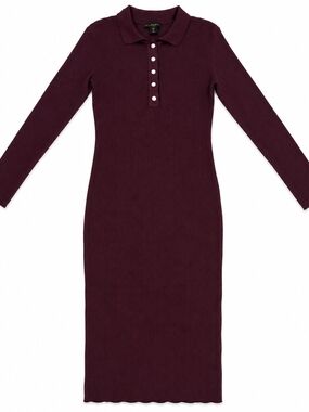 House of Harlow 1960 Long-Sleeve Ribbed Polo Midi Dress in Burgundy